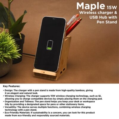 Maple 15W Wireless charger & USB Hub with Pen Stand WAW9003