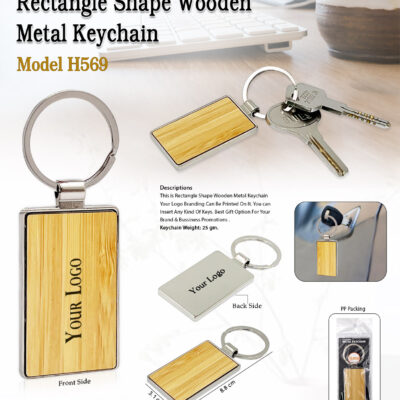 Rectangle Shape Wooden Metal Keychain