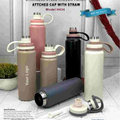 Stainless Steel Vaccum Flask with attached cap with Straw